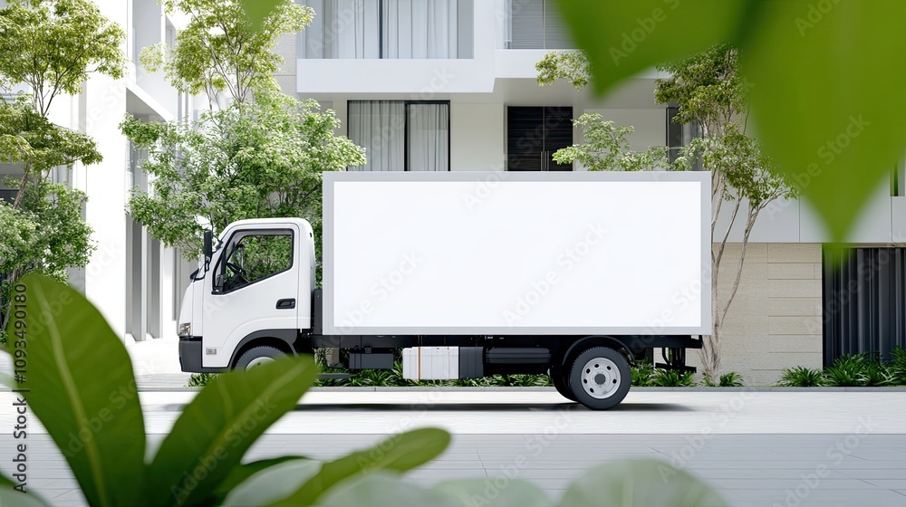Modern Delivery Truck Parked Alongside Urban Buildings Surrounded by Lush Greenery and Plants in Bright Daylight, Ideal for Logistics and Transportation Imagery Modern Delivery Truck Parked Alongside Urban Buildings Surrounded by Lush Greenery and Plants in Bright Daylight, Ideal for Logistics and Transportation Imagery