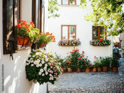 Charming flower-filled courtyard quaint village outdoor serene vibe