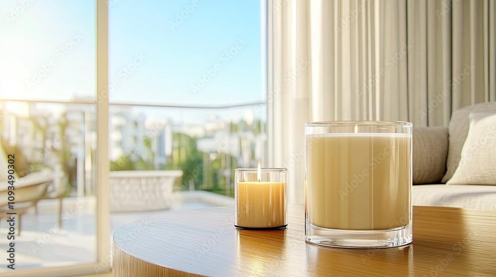 Tranquil Living Room Scene Featuring Softly Glowing Candles on a Wooden Table with Bright Natural Light and a Scenic Outdoor View Through Sliding Glass Doors Tranquil Living Room Scene Featuring Softly Glowing Candles on a Wooden Table with Bright Natural Light and a Scenic Outdoor View Through Sliding Glass Doors
