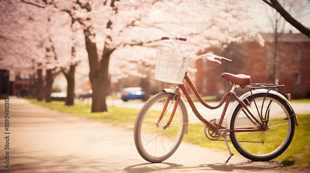 Fototapeta premium Red Bicycle Parked Under Blossoming Cherry Trees