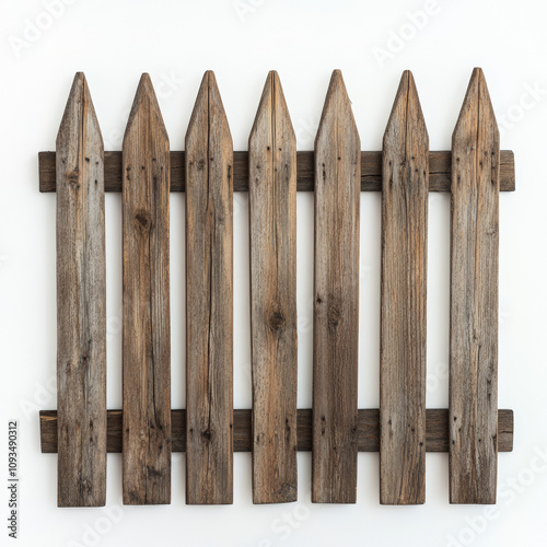 Wooden picket fence with wooden, pointy tops and bottoms, isolated on a white background