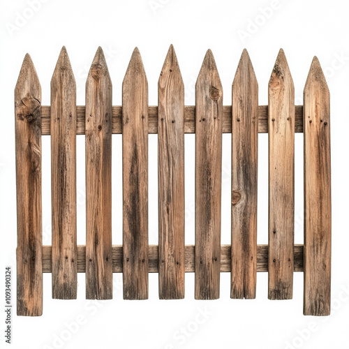 Wooden picket fence with wooden, pointy tops and bottoms, isolated on a white background photo