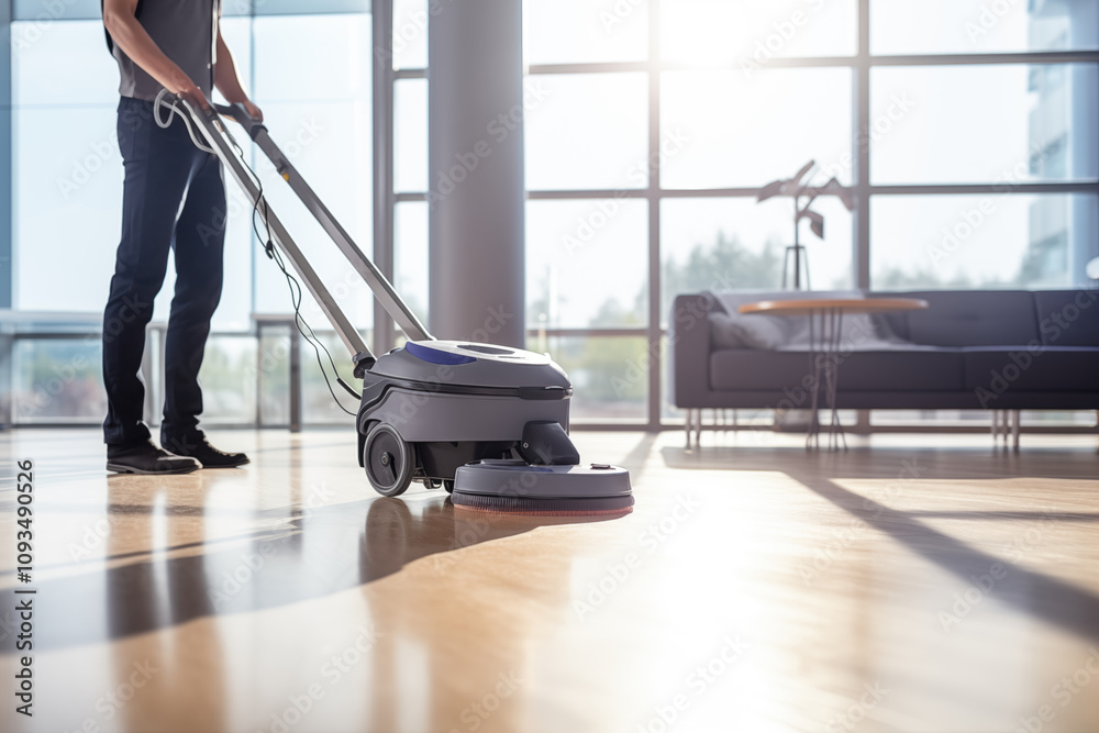 Fototapeta premium Person operates floor scrubber to clean hardwood floors in stylish living room. Sunlight floods in through large windows, highlighting neat space.