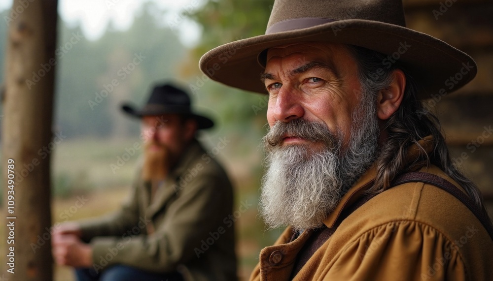 Rugged Cowboys with Determined Expression Sitting on Porch against Misty Landscape Rugged Cowboys with Determined Expression Sitting on Porch against Misty Landscape