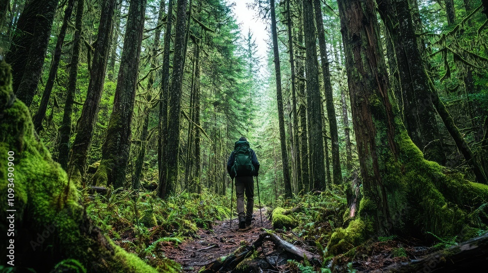 A solo hiker exploring a serene and lush forest path surrounded by towering trees, ferns, and vibrant moss in a tranquil natural environment A solo hiker exploring a serene and lush forest path surrounded by towering trees, ferns, and vibrant moss in a tranquil natural environment