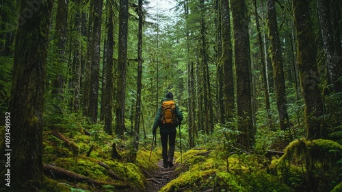 Exploring Tranquil Forest Trails: A Solo Hiker Amidst Lush Greenery and Towering Trees in a Serene Natural Landscape