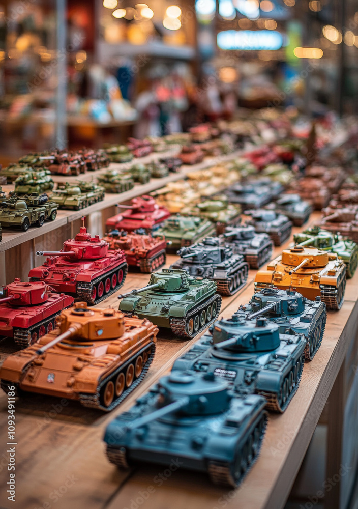 Obraz premium Several toy tanks, soldiers and military cars, vivid colors