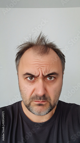 Middle-aged man with a rapidly receding hairline and widening part appearing more exposed