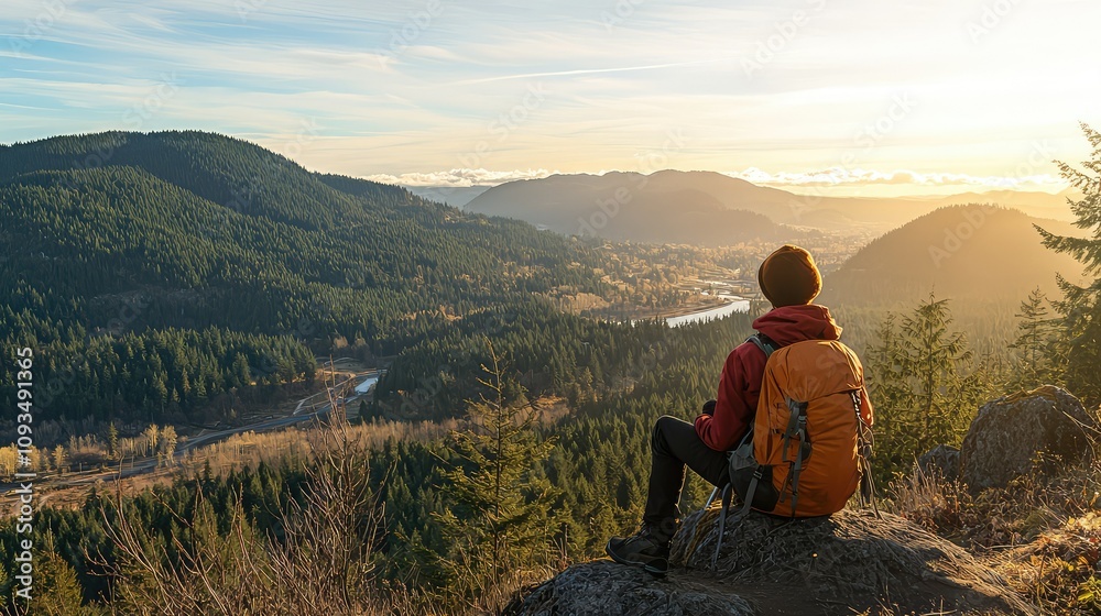 Serene Traveler Gazing Over Scenic Mountain Landscape at Sunset, Capturing the Beauty of Nature and Adventure in the Great Outdoors Serene Traveler Gazing Over Scenic Mountain Landscape at Sunset, Capturing the Beauty of Nature and Adventure in the Great Outdoors