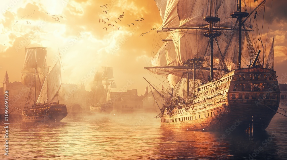 Obraz premium Majestic Ships Sailing at Sunset with Vibrant Sky and Reflections in Calm Waters, Evoking a Sense of Adventure and Exploration in a Historical Setting