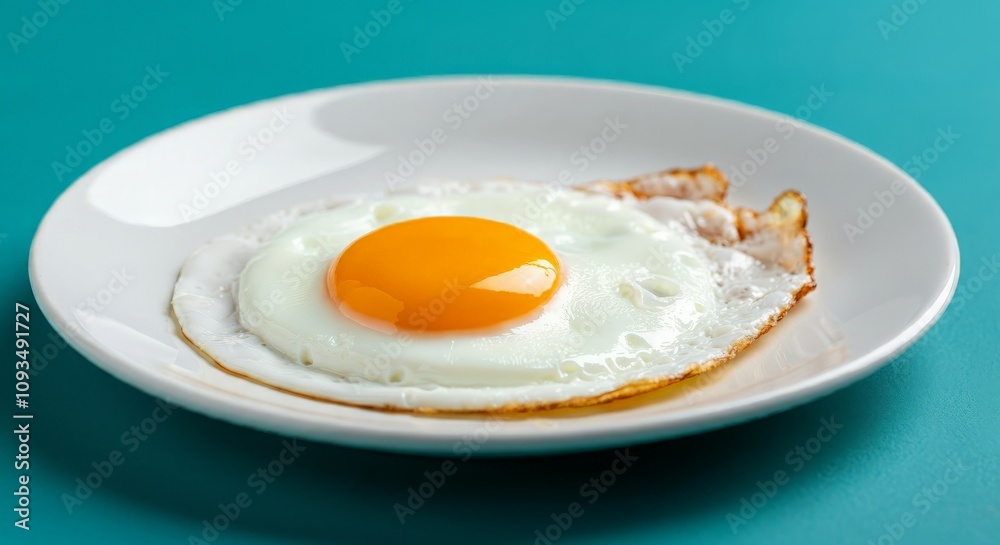 Sunny-side-up egg on white plate with teal background Sunny-side-up egg on white plate with teal background