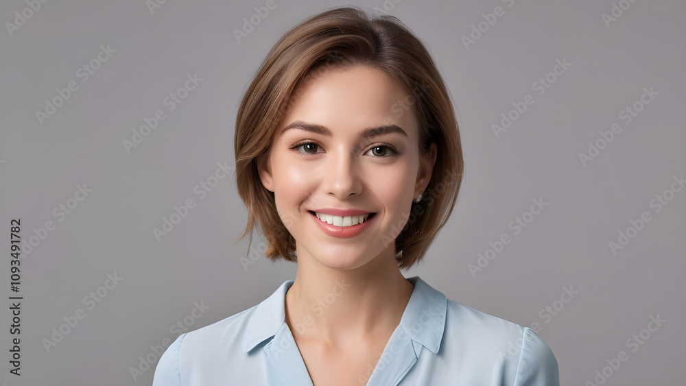 Young businesswoman smiling on gray background Young businesswoman smiling on gray background