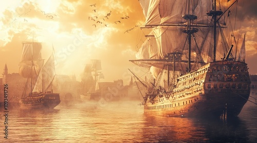 Wallpaper Mural Majestic Ships Sailing at Sunset with Vibrant Sky and Reflections in Calm Waters, Evoking a Sense of Adventure and Exploration in a Historical Setting Torontodigital.ca