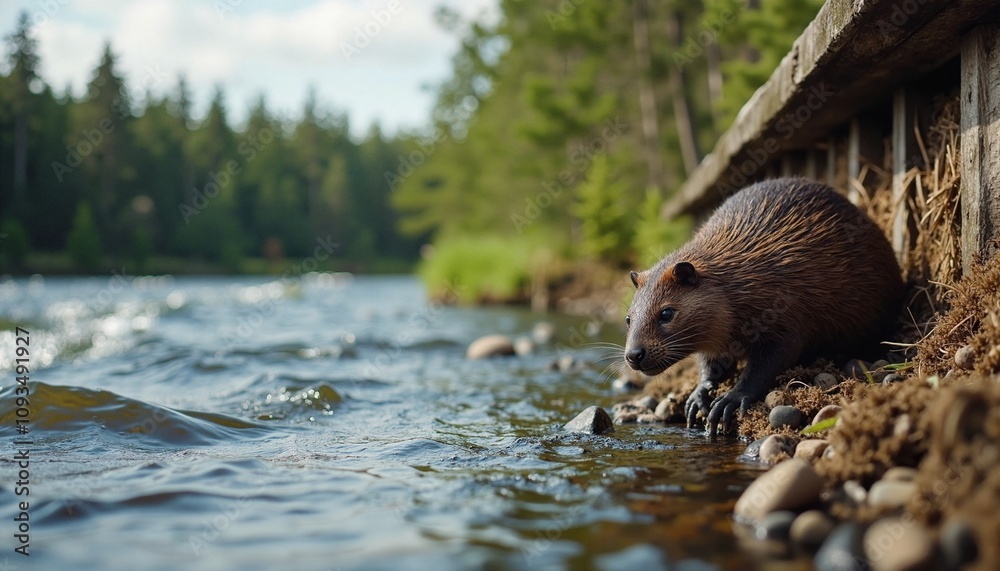 Curious Beaver Exploring Riverbank Against Forest Backdrop Curious Beaver Exploring Riverbank Against Forest Backdrop