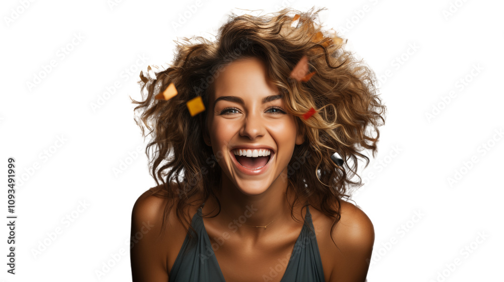 A cheerful young woman surrounded by colorful confetti captures the joy and energy of festive celebrations and events, isolated on transparent background. A cheerful young woman surrounded by colorful confetti captures the joy and energy of festive celebrations and events, isolated on transparent background.
