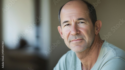 Middle-aged man with a receding hairline and thinning hair on the crown of his head photo