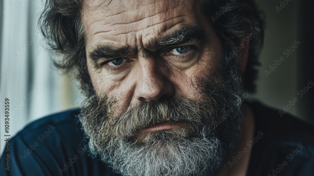 Middle-aged man with thick unkempt salt-and-pepper beard that looks scraggly and untamed Middle-aged man with thick unkempt salt-and-pepper beard that looks scraggly and untamed