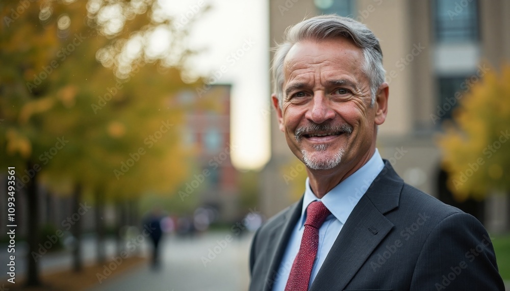 Confident senior businessman smiling outdoors against autumn urban background