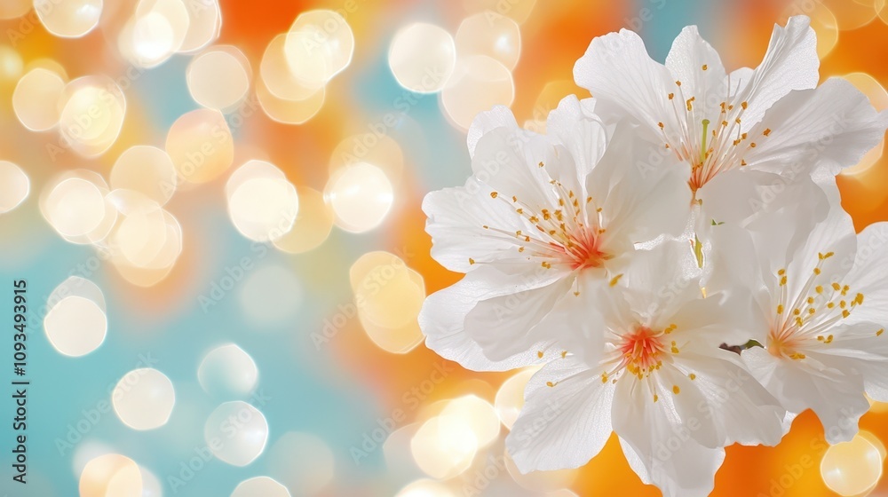 A close-up of delicate white flowers with vibrant orange and soft pastel bokeh in the background, perfect for wellness, nature-themed designs, or spring promotions, Ideal for greeting cards, blogs A close-up of delicate white flowers with vibrant orange and soft pastel bokeh in the background, perfect for wellness, nature-themed designs, or spring promotions, Ideal for greeting cards, blogs