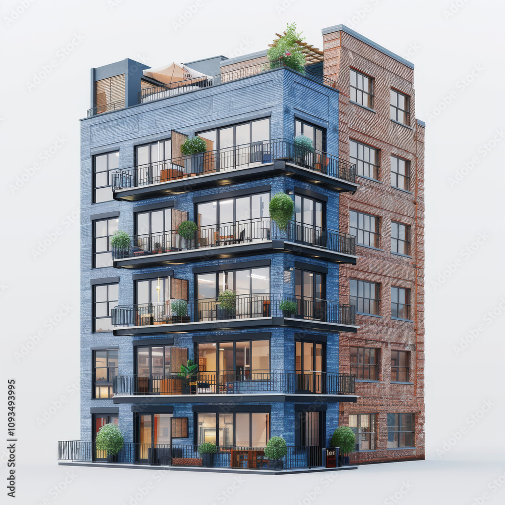 create a 3d rendering if a brick and blue apartment building, open like a dollhouse create a 3d rendering if a brick and blue apartment building, open like a dollhouse