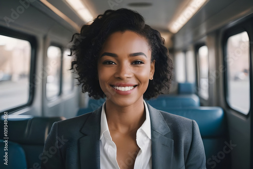 Smiling businesswoman commutes by train, embracing sustainable transportation