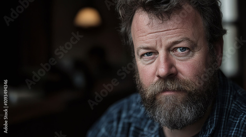 Middle-aged man with a scraggly unruly salt-and-pepper beard that appears unkempt photo