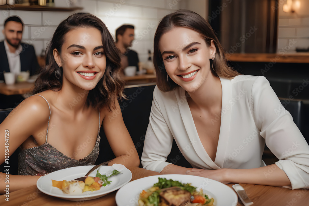 Two happy women having dinner together in restaurant Two happy women having dinner together in restaurant