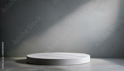 Light spacious concrete interior with pedestal and mock up place on gray wall. Mock up  3D Rendering.