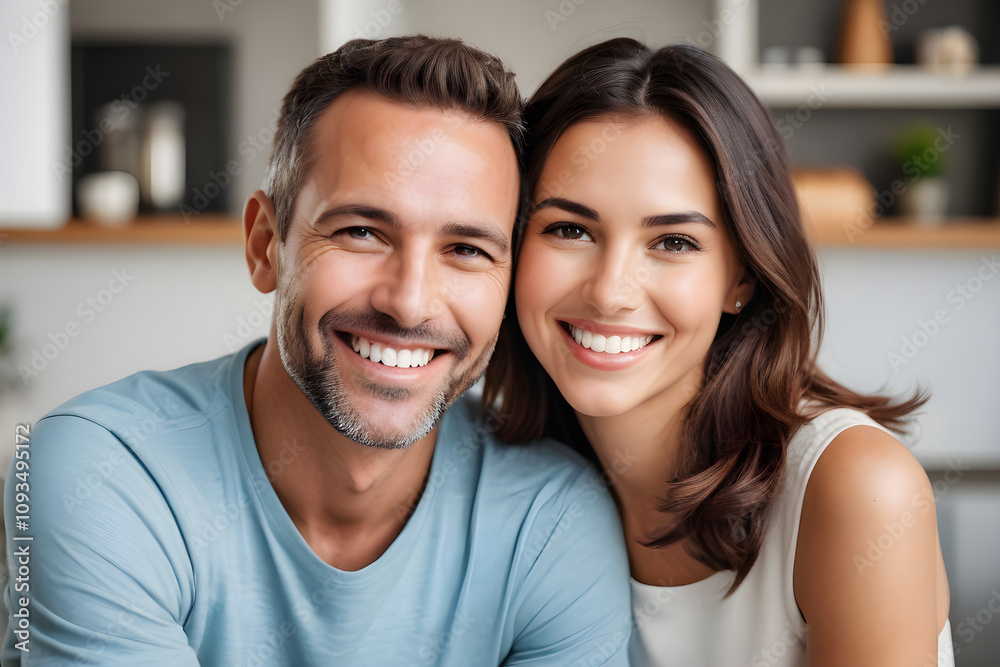 Happy couple smiling and showing perfect white teeth at home