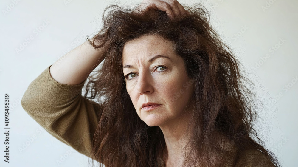Middle-aged woman with frizzy coarse hair that appears dry brittle and unmanageable Middle-aged woman with frizzy coarse hair that appears dry brittle and unmanageable