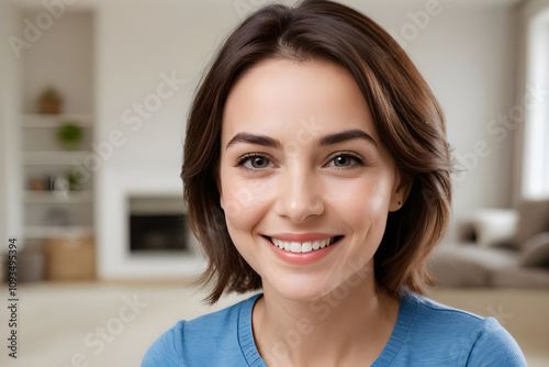 Happy young woman smiling at home, portrait of a cheerful lady