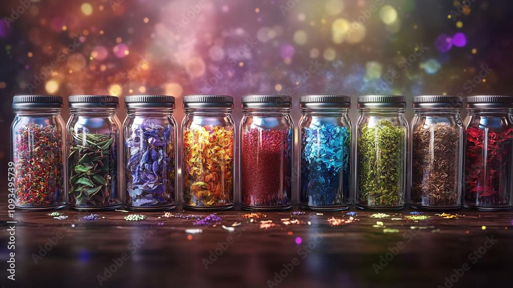 Colorful jars filled with herbs and spices arranged on a wooden surface against a blurred background Colorful jars filled with herbs and spices arranged on a wooden surface against a blurred background