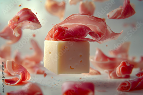 A piece of cheese with slices of ham flying out of it photo