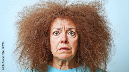 Middle-aged woman with frizzy coarse hair that appears dry brittle and unmanageable