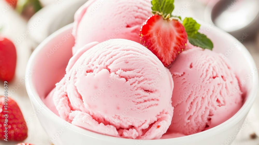 Creamy strawberry ice cream with fresh berry garnish in a white bowl Creamy strawberry ice cream with fresh berry garnish in a white bowl