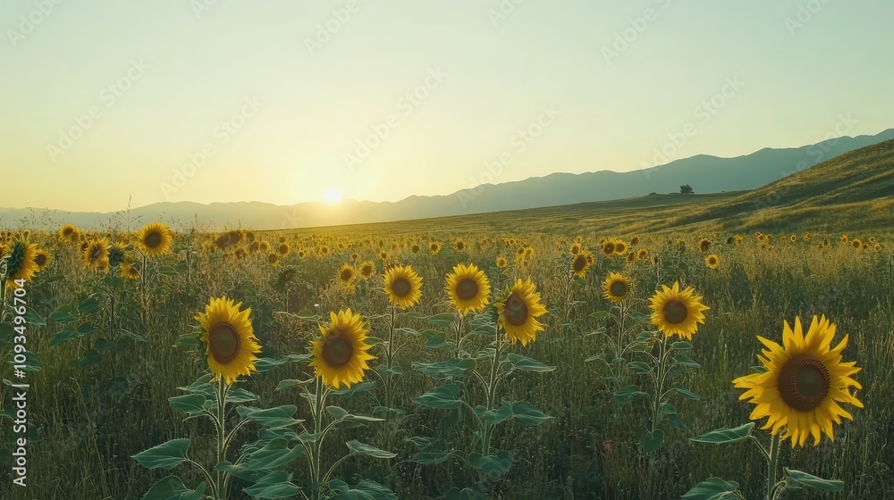 Fototapeta premium Vibrant Sunflower Field Under a Warm Sunrise with Mountains in the Background and Clear Sky Blanketing the Horizon in a Peaceful Countryside Landscape