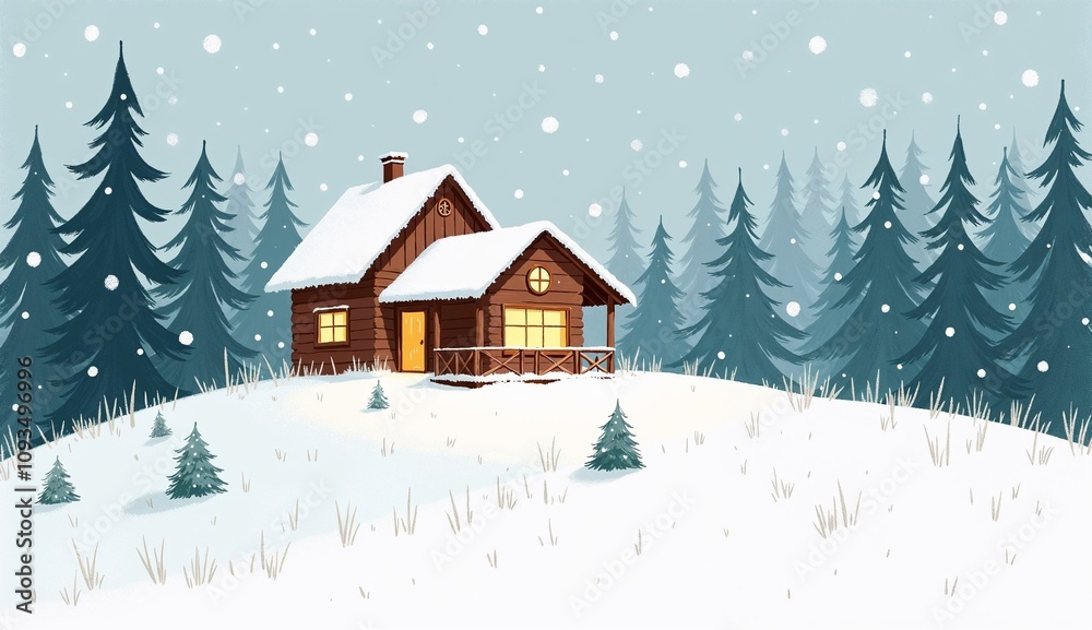 Snowy Cabin in Winter Forest with Falling Snow Snowy Cabin in Winter Forest with Falling Snow