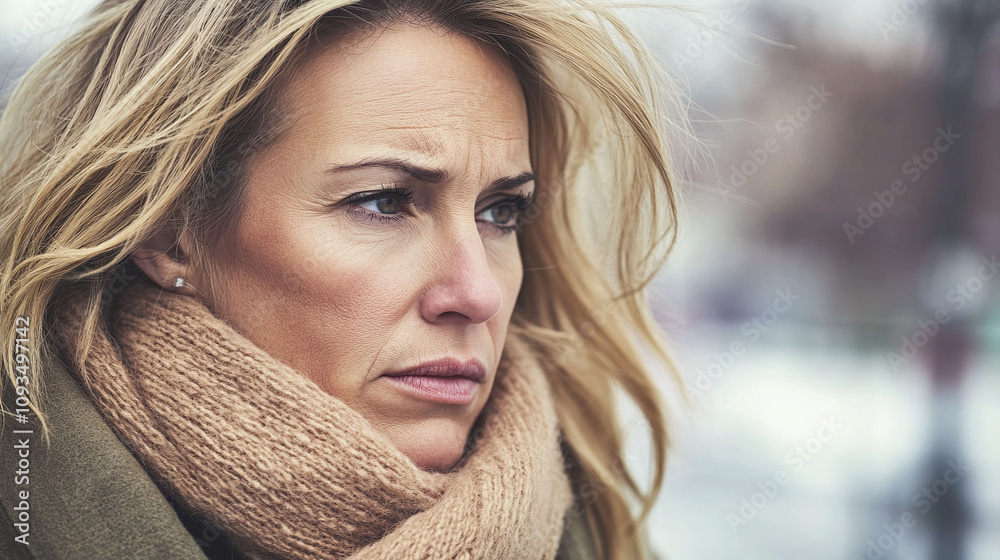 Middle-aged woman with split ends and dull lifeless blonde hair lacking vibrancy Middle-aged woman with split ends and dull lifeless blonde hair lacking vibrancy