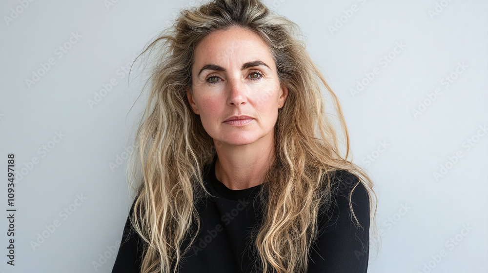 Middle-aged woman with split ends and dull lifeless blonde hair lacking vibrancy Middle-aged woman with split ends and dull lifeless blonde hair lacking vibrancy