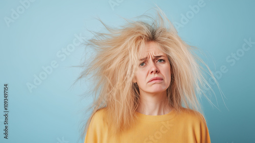 Middle-aged woman with split ends and brittle lifeless blonde hair
