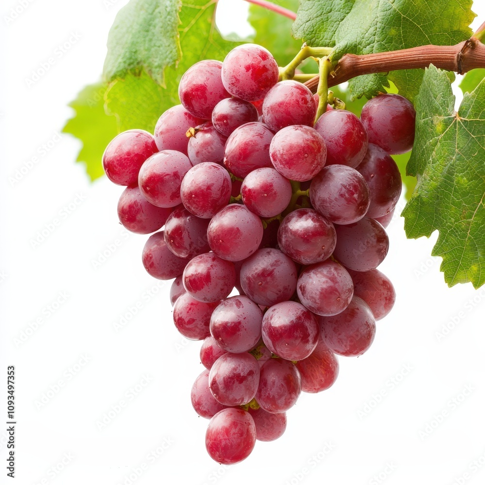 Fototapeta premium A close-up of fresh, vibrant red grapes hanging on a vine, perfect for highlighting health, nature, or food-related themes in marketing materials, cookbooks, or lifestyle blogs,