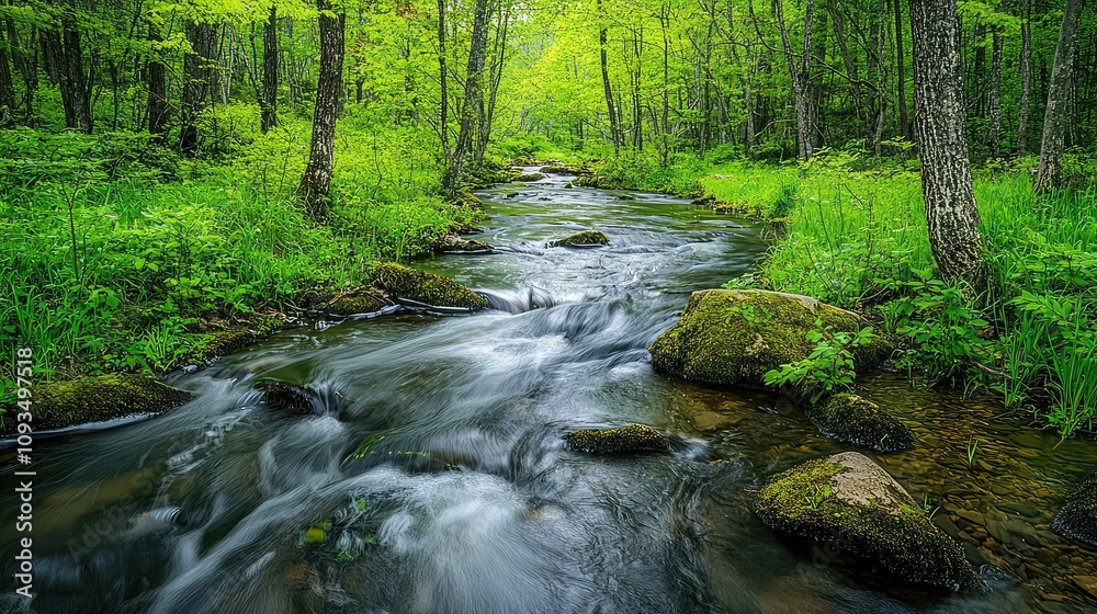 Serene Flowing Stream Through Vibrant Green Forest Surrounded by Lush Foliage and Tranquil Natural Landscape