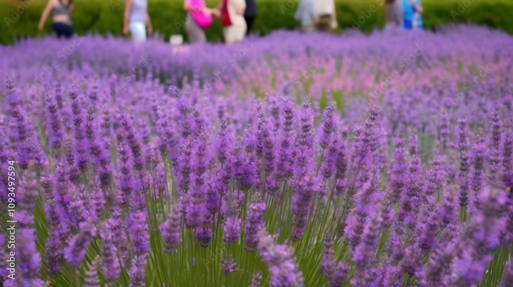 Obraz premium Lavender Field With Blurred People Walking Through