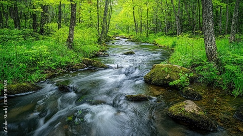 Serene Flowing Stream Through Vibrant Green Forest Surrounded by Lush Foliage and Tranquil Natural Landscape