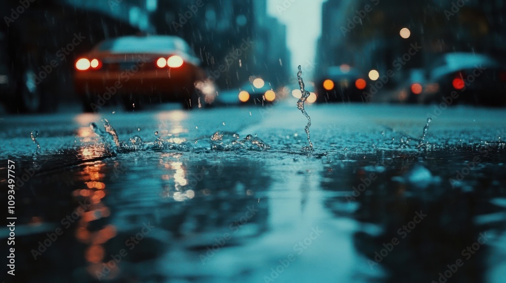 Close-up of rain on a road and pavement with a car passing by.
Close-up of rain on a road and pavement with a car passing by.