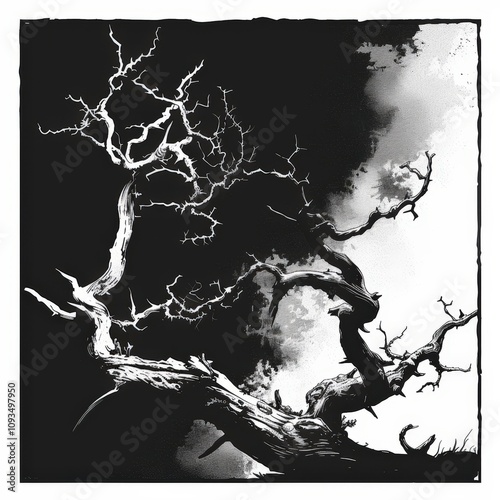 A stark, artistic rendering of a gnarled tree with intricate branches, set against a contrasting black and white background, This image is ideal for themes of resilience, nature photo