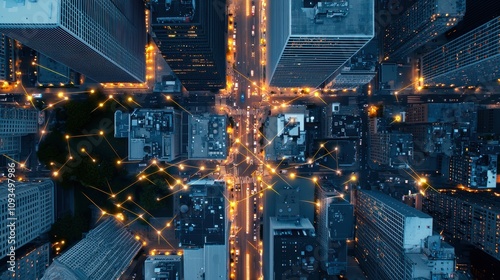 A top down view of a bustling city with glowing lines connecting buildings, vehicles, and people, symbolizing interconnectedness in an urban environment. photo