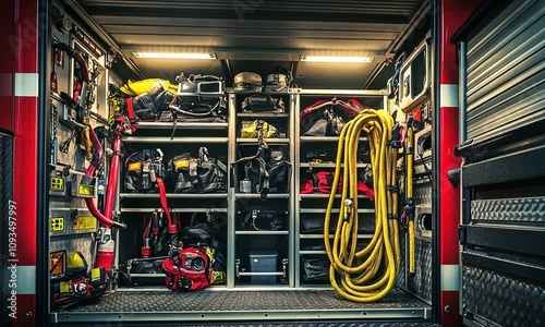 Organized Interior of a Fire Truck with Tools and Equipment for Emergency Response Reflecting Efficient Storage and Readiness for Action