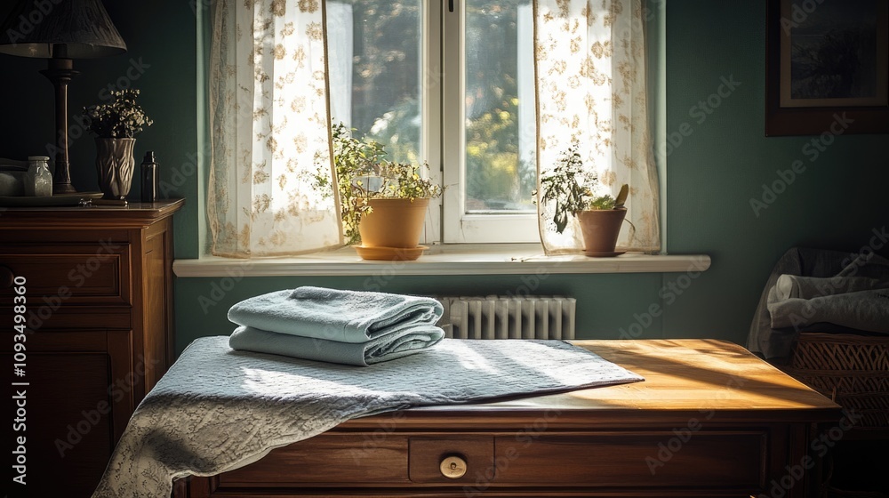 Sunlit cozy room with fresh towels on wooden table near window Sunlit cozy room with fresh towels on wooden table near window