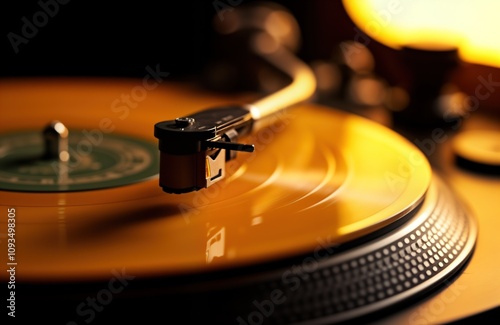 Close-up view of turntable arm on golden vinyl record. Record rotates slowly. Audio equipment plays music. Retro music tech. Nostalgia, vintage sound.